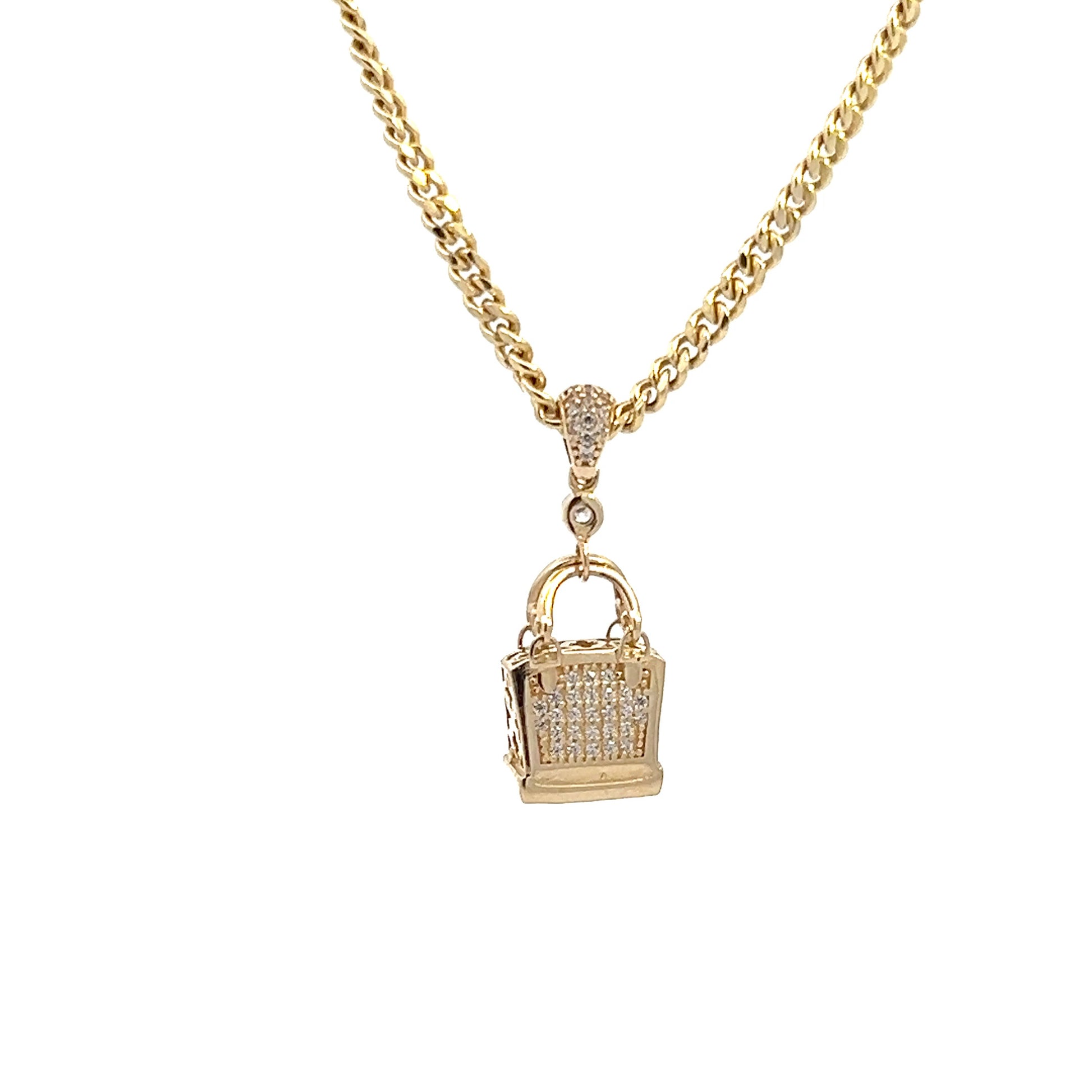 Dije de bolsa en oro 14k con zirconia suiza