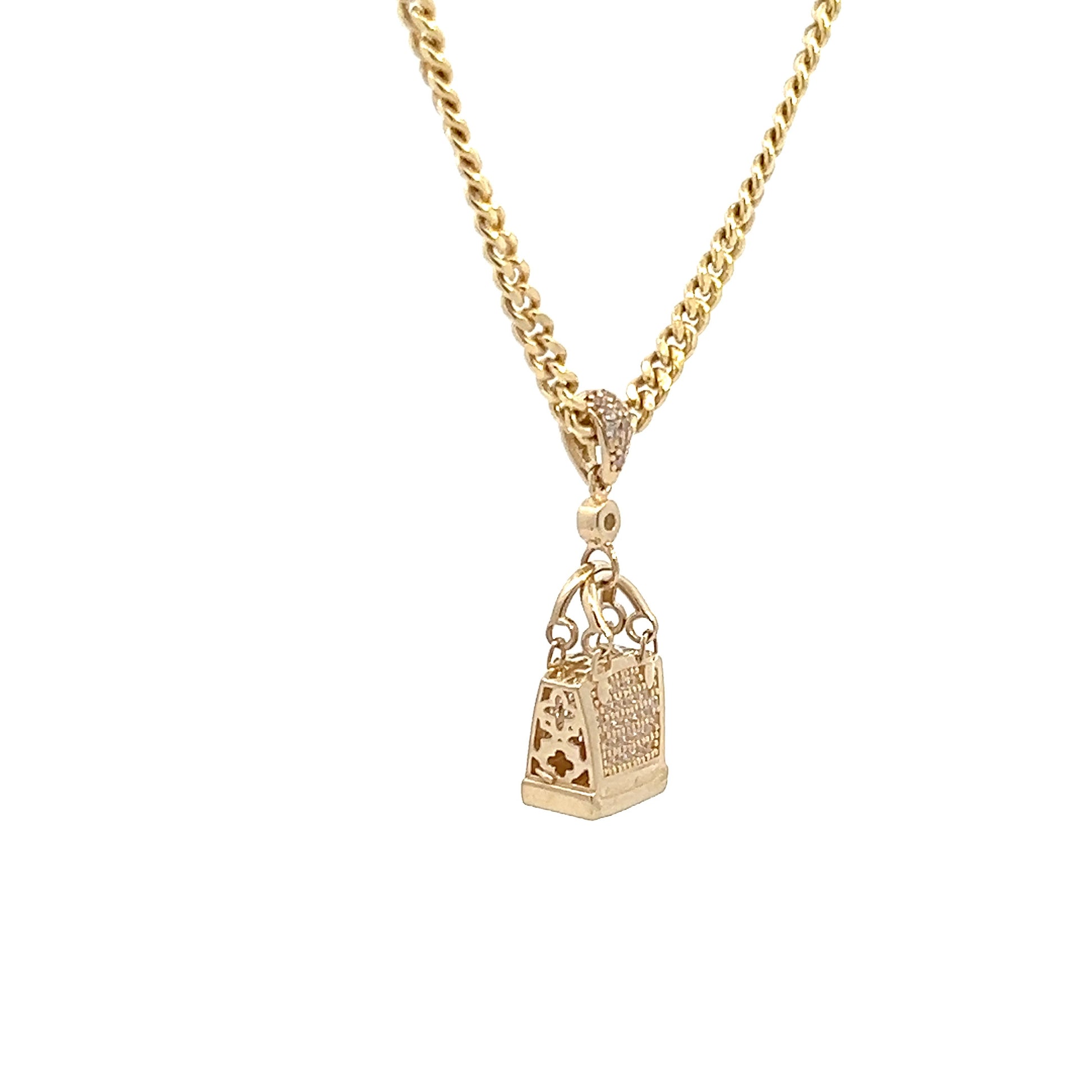 Dije de bolsa en oro 14k con zirconia suiza